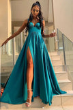 Elegant Green A Line V Neck Prom Dresses with Split, Long Bridesmaid Dresses P1329