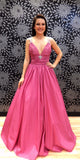 Sugar Pink V-Neck Open Back Sleeveless Satin Prom Dress