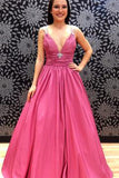 Sugar Pink V-Neck Open Back Sleeveless Satin Prom Dress