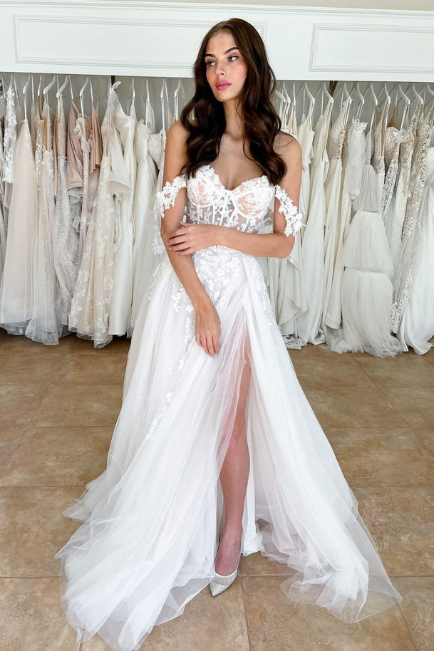 Off the Shoulder Lace Tulle Long Wedding Dresses N061