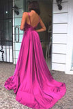 A Line Spaghetti Straps V-Neck Satin Backless Prom Dress P1493