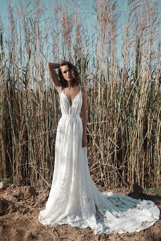 Elegant Ivory A Line V Neck Spaghetti Straps Wedding Dresses with Lace, Wedding Gowns W1204