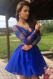 Charming A Line V Neck Long Sleeves Royal Blue Lace Short Homecoming Dresses uk PH979