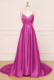 A Line Spaghetti Straps V-Neck Satin Backless Prom Dress P1493