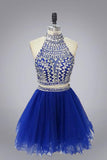 Halter High Neck Beaded Bodice Two Piece Fall Gary Tulle Open Back Homecoming Dress PM314