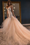 Elegant Mermaid Sweetheart Watteau Train Yarn Lace Tulle Pink Wedding Dresses PM303