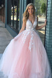 Charming Ball Gown V Neck Tulle Lace Appliques Prom Dresses, Evening Dresses P1508