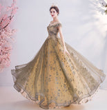 Elegant Round Neck Sequins Tulle Appliques Prom Dress with Short Sleeves Dance Dress P1377