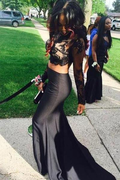 Two Pieces Mermaid Black Lace Long Sleeve Prom Dresses