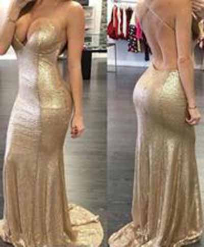 Mermaid Backless Sequin Gold Long Criss Cross Sleeveless Prom Dress