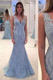 Sexy Deep V-Neck Lace Appliques Backless Long Prom Dress