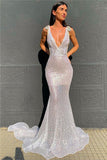 Sexy Deep V Neck Sequined Prom Dresses, Stunning Backless Mermaid Evening Dresses P1421