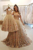Spaghetti Straps Floral Embroidery Sweetheart Prom Dresses Long Formal Dresses PW442