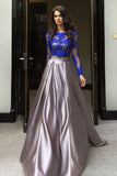 Elegant Blue Two Piece A-line Scoop Long Sleeve Elastic Satin Floor-Length Prom Dresses UK PH327