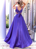 A Line Sleeveless Violet Satin Long Prom Dresses Evening Dresses With Back Bow