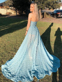 Sexy A Line See Through Strapless Slit Backless Blue Prom Dress with Appliques P1443