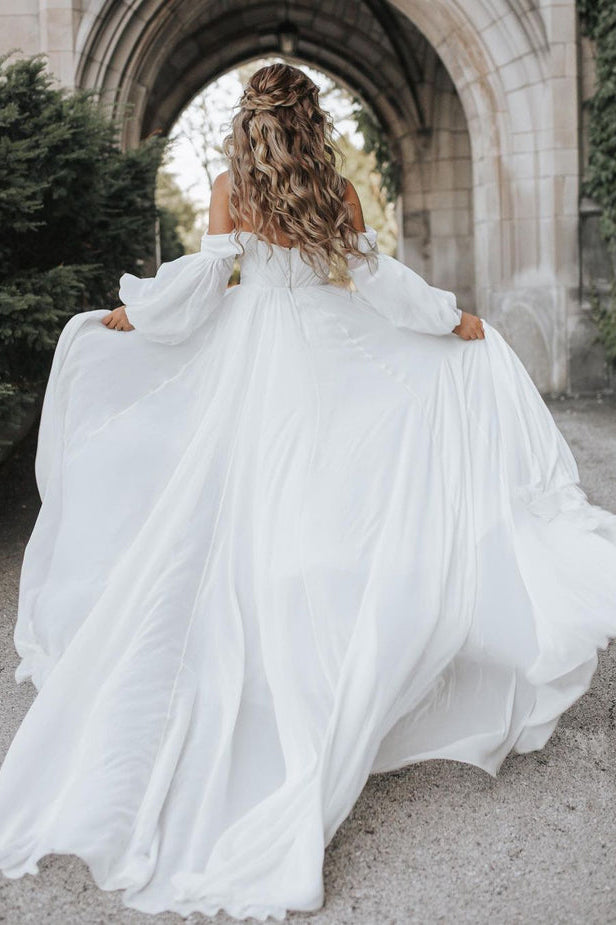 Flowy Off the Shoulder Chiffon Long Sleeve Boho Wedding Dresses N041