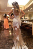 Generous Prom Dress Champagne Tulle Backless with whiter Lace appliques Evening Dress