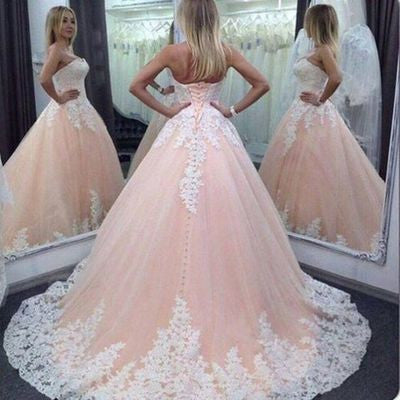 Vintage Sweetheart Pink Lace Tulle Appliques Long Quinceanera Dress