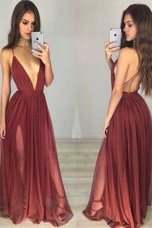 Burgundy Deep V-Neck Sexy Spaghetti Straps Backless Tulle Evening Dresses
