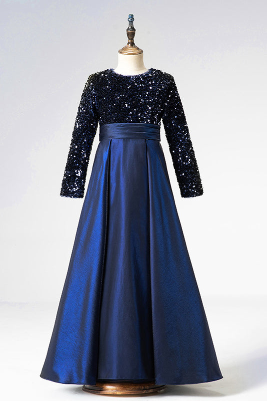 Pretty A Line Dark Blue Sequins Long Sleeve Flower Girl Dress