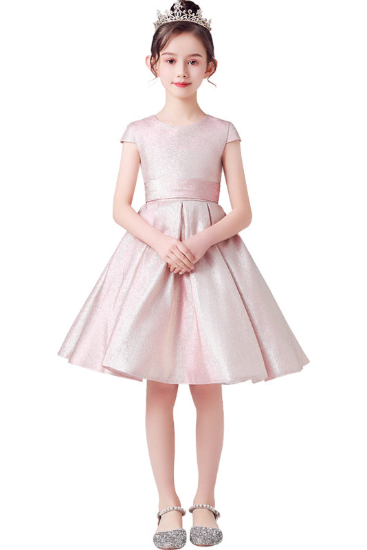 A Line Pink Short Sleeve Flower Girl Dress With Bow Belt