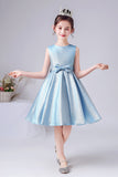 A Line Light Blue Sleeveless Flower Girl Dress With Bow Belt