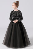 Black Tulle Long Sleeve Floor Length Flower Girl Dress With Sequins