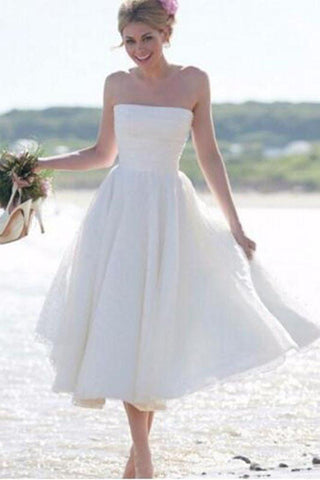 A-Line Ivory Short Sleeveless Pleated Tea-length Strapless Backless Wedding Dresses UK PH372