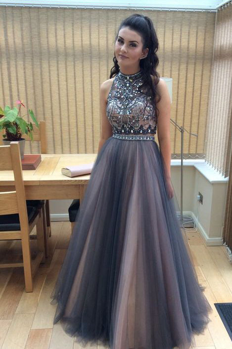 Full Length Sexy Tulle Beads Sleeveless A line Coffee Tulle Two Piece Prom Dresses uk