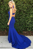 Royal Blue Scoop Mermaid Sleeveless Backless Beads Spandex Prom Dresses uk PM618