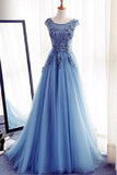 Charming A Line Tulle Blue Lace up Appliques Long Sleeveless Prom Dress