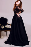New Style Black 3/4 Sleeves Lace Satin V-Neck A-Line Floor-Length Evening Dresses UK PH282
