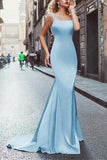Elegant Amazing Beading Satin Scoop Mermaid Blue Backless Sleeveless Long Prom Dresses uk PH225