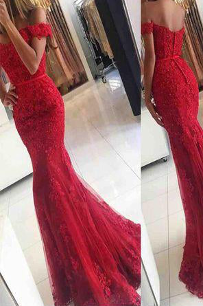 Sexy Mermaid Red Off Shoulder Lace Prom Dress Evening Dress