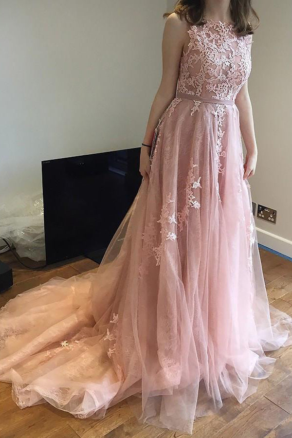 Charming Pink Lace Tulle Long A-line Open Back Elegant Little Train Wedding Dresses PM624