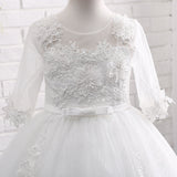 A Line Round Neck Half Sleeve Appliques Tulle Flower Girl Dresses With Pearls WH19821