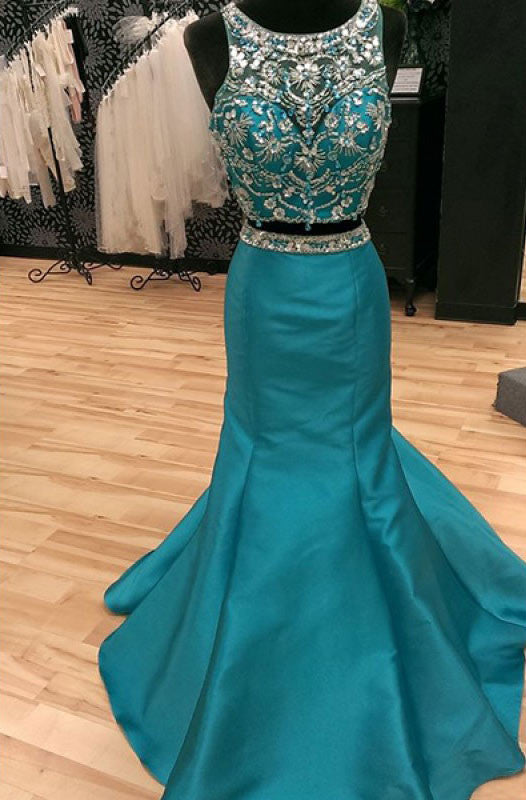 Two Pieces Beading Bodice Floor Length Prom Dresses Evening Dresses