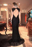 V-Neck Black Lace Long Split Prom Dress Evening Dress PM501