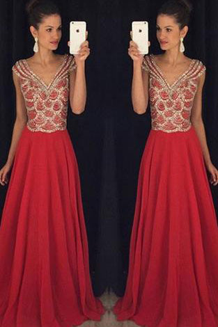 Red V-Neck Beading Bodice Long Chiffon Prom Dresses Evening Dresses PM551