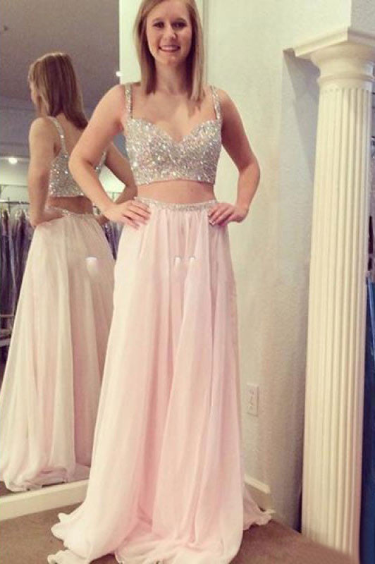 Two Pieces Beading Bodice Long Chiffon Prom Dresses Evening Dresses