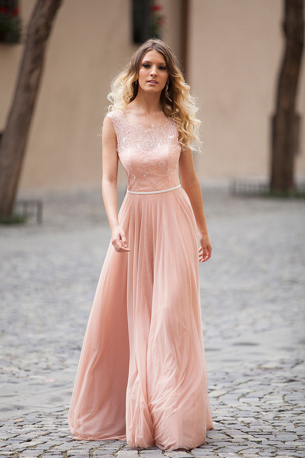 Blush Pink Lace and Chiffon Sleeveless Illusion Backless Elegant A-Line Long Evening Dresses UK PH280