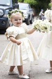 Vintage Juliet Sleeves Tea Length Round Neck Satin Flower Girl Dresses, Little Dresses FG1032