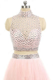 High Neck Pink Tulle Sweep Train Beading Two Pieces Long Prom Dress PW82