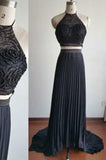 Gorgeous Halter Black Beads Court Train Chiffon Backless Prom Dress