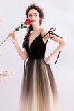 Spaghetti Straps Black Deep V-Neck Formal Dresses Floor Length Tulle Ombre Prom Dresses P1233