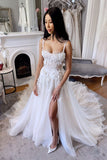 A-line Straps Tulle Lace Appliques Wedding Dresses N074