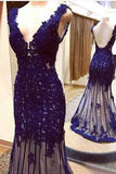 Deep Bule Tulle V-Neck Mermaid Beading Full-Length Evening Dress