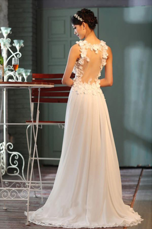 Sheer Back A-Line V-Neck Floor-Length Chiffon Appliques Sleeveless Wedding Dress uk PH66