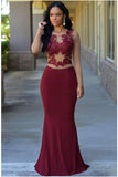 Jersey Scoop Neck Sexy Burgundy Mermaid Long Sleeves Zipper Appliques Prom Dresses PH480